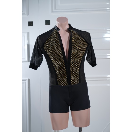 DX041Mens Short Sleeve Rhinestone Mesh Latin Ballroom Costume