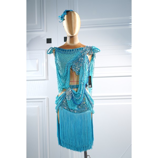 DX028Ladies Rhinestone Fringe Mesh Ballroom Latin Costume