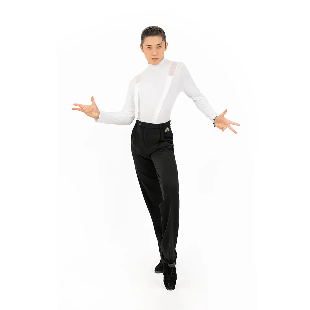 NK184Men Black Pleated Straight‑Fit Latin Ballroom Dance Trousers High Waist Stretch Competition Practice Pants