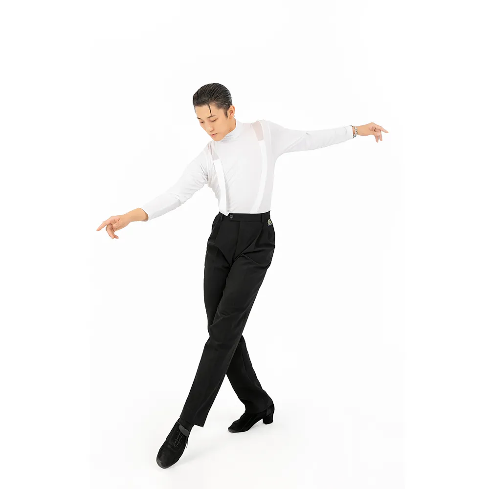 NK184Men Black Pleated Straight‑Fit Latin Ballroom Dance Trousers High Waist Stretch Competition Practice Pants